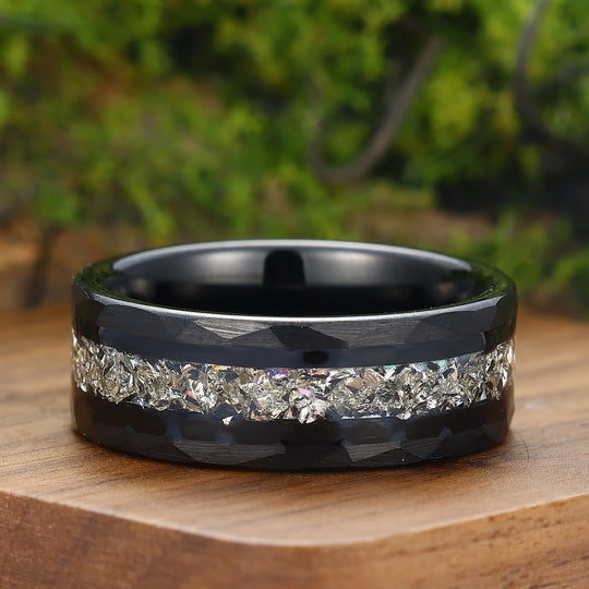 Diamond Dust Ring 8mm Hammered Tungsten Wedding Band April Birthstone Sparkling Band