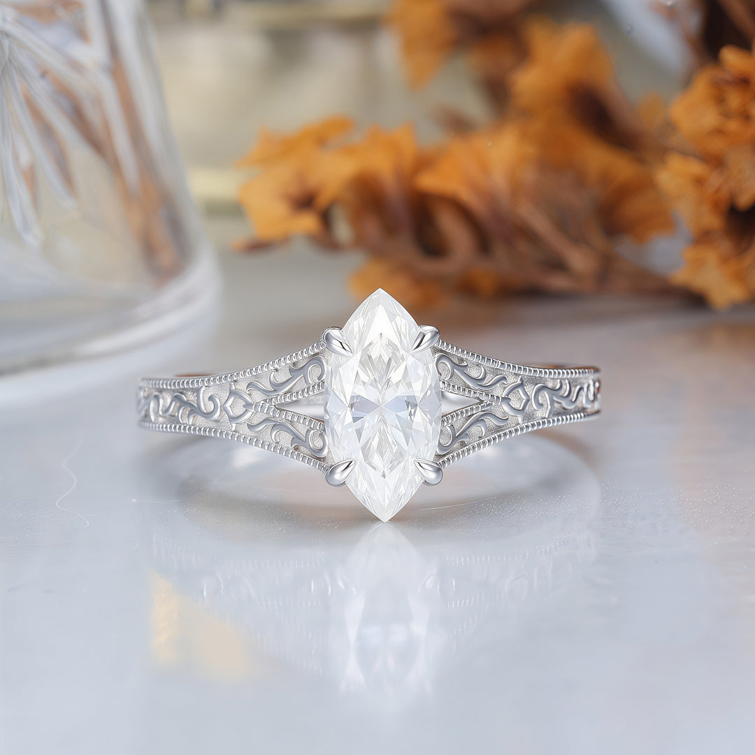 Solitaire 1CT Marquise Cut Moissanite Filigree Ring Vintage Split Shank Moissanite Bridal Ring -  Esdomera.com