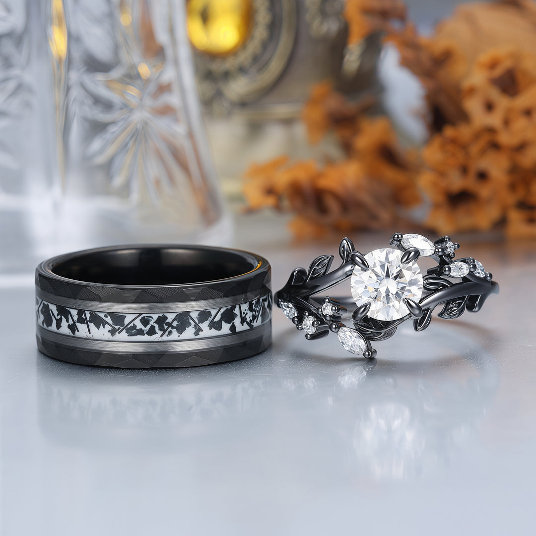 Vintage-Ring-Set für Paare mit schwarzer Beschichtung, natürlichem Moosachat, Birnenform und schwarzem Obsidian