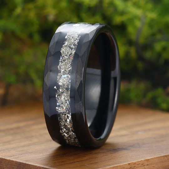 Diamond Dust Ring 8mm Hammered Tungsten Wedding Band April Birthstone Sparkling Band