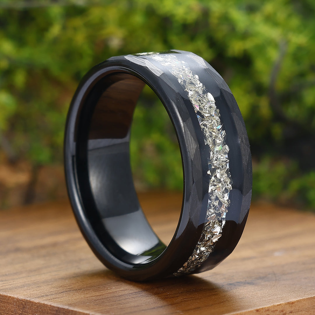 Diamond Dust Ring 8mm Hammered Tungsten Wedding Band April Birthstone Sparkling Band