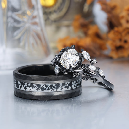 Vintage-Ring-Set für Paare mit schwarzer Beschichtung, natürlichem Moosachat, Birnenform und schwarzem Obsidian