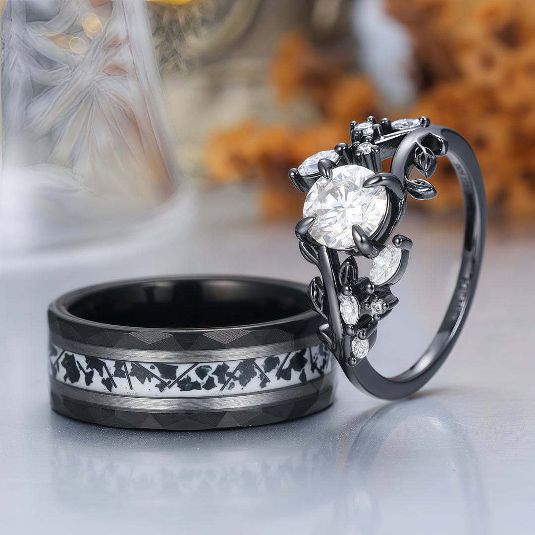 Vintage-Ring-Set für Paare mit schwarzer Beschichtung, natürlichem Moosachat, Birnenform und schwarzem Obsidian