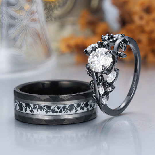 Vintage-Ring-Set für Paare mit schwarzer Beschichtung, natürlichem Moosachat, Birnenform und schwarzem Obsidian