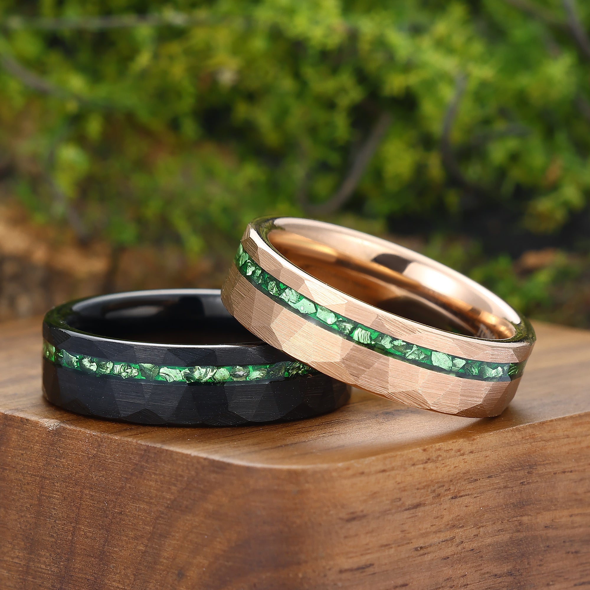 6mm Green Emerald Hammered Tungsten Couple Rings Black And Rose