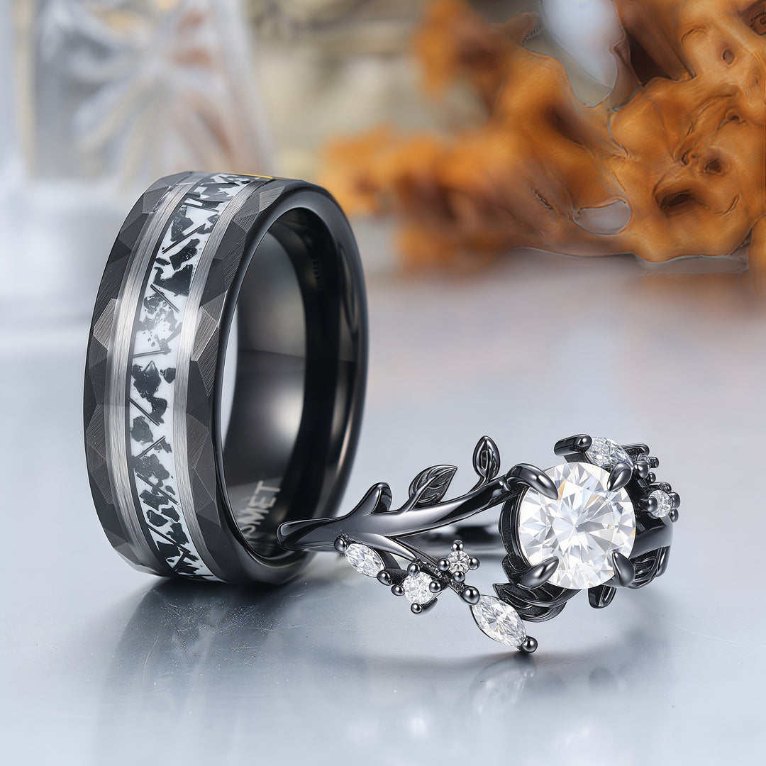 Vintage-Ring-Set für Paare mit schwarzer Beschichtung, natürlichem Moosachat, Birnenform und schwarzem Obsidian