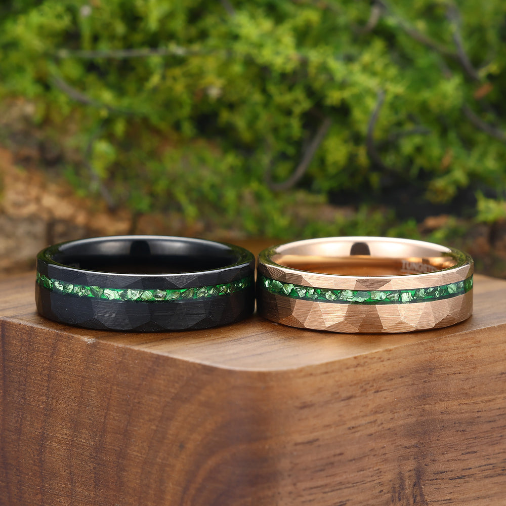 6mm Green Emerald Hammered Tungsten Couple Rings Black And Rose Gold Plated Wedding Bands