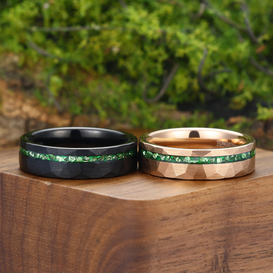 6mm Groene Smaragd Gesmede Wolfraam Paar Ringen Zwart En Roségoud Vergulde Trouwringen