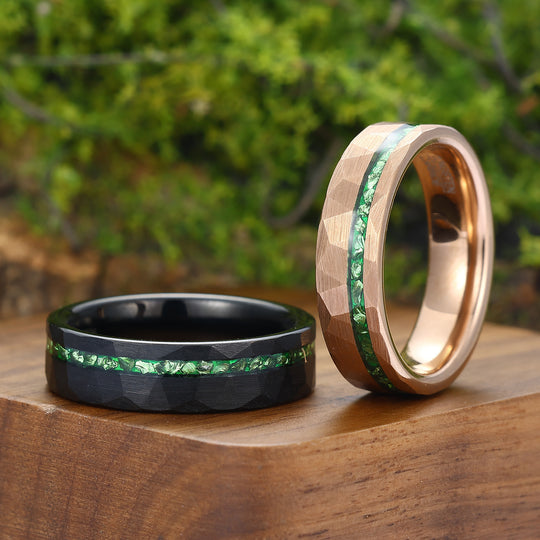 6mm Groene Smaragd Gesmede Wolfraam Paar Ringen Zwart En Roségoud Vergulde Trouwringen