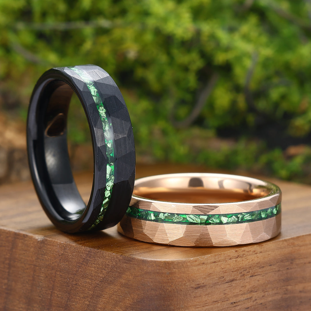 6mm Groene Smaragd Gesmede Wolfraam Paar Ringen Zwart En Roségoud Vergulde Trouwringen