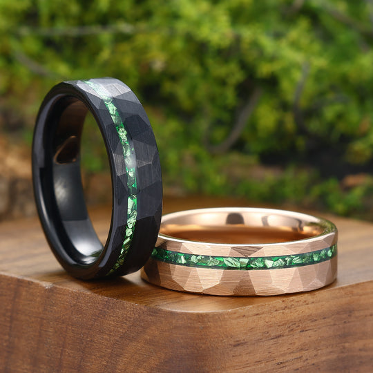6mm Groene Smaragd Gesmede Wolfraam Paar Ringen Zwart En Roségoud Vergulde Trouwringen