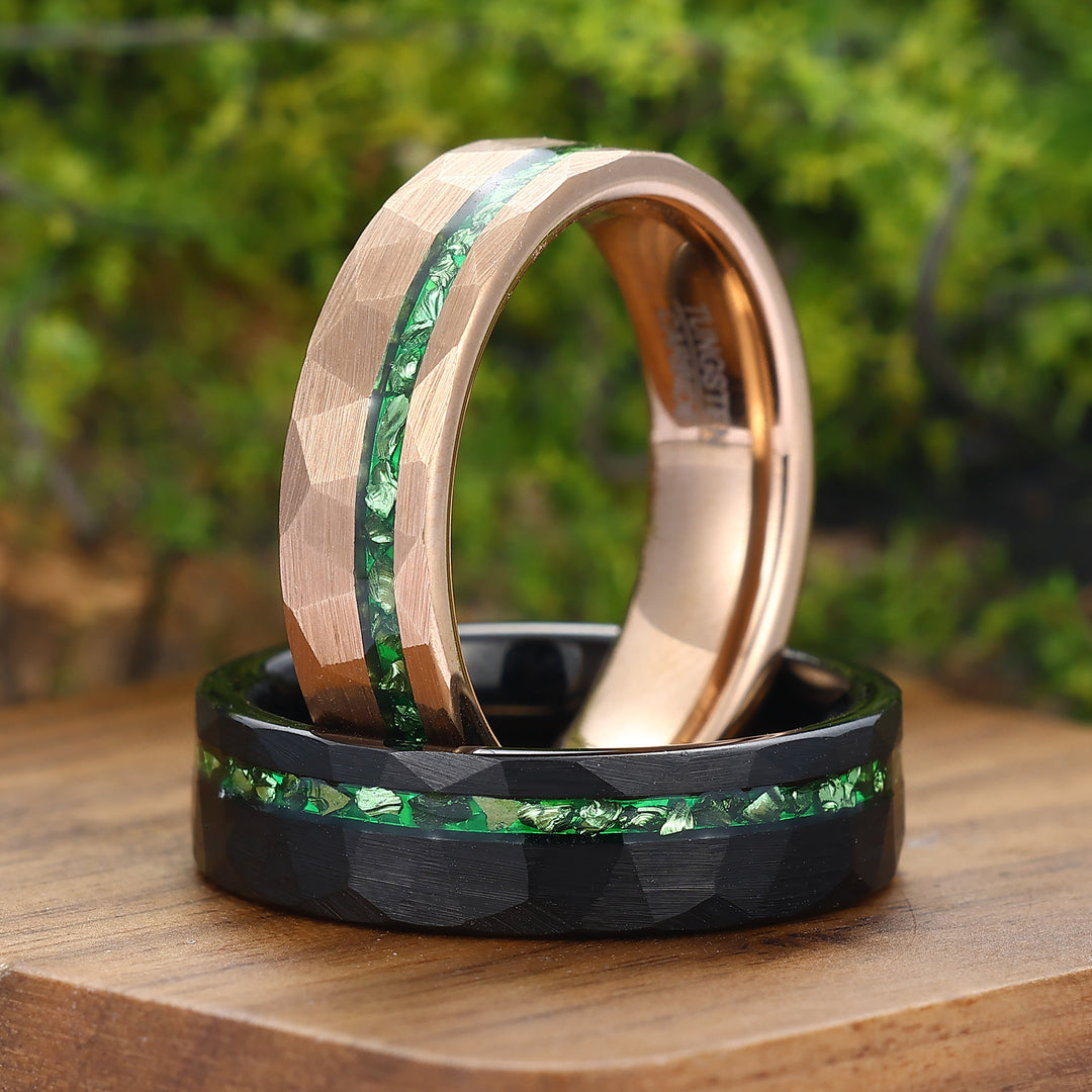 6mm Groene Smaragd Gesmede Wolfraam Paar Ringen Zwart En Roségoud Vergulde Trouwringen