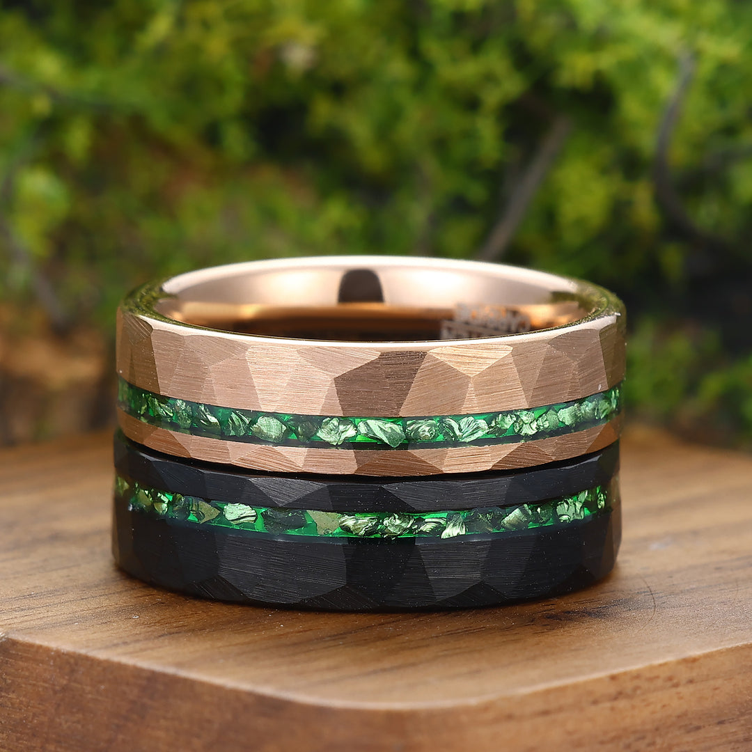 6mm Groene Smaragd Gesmede Wolfraam Paar Ringen Zwart En Roségoud Vergulde Trouwringen