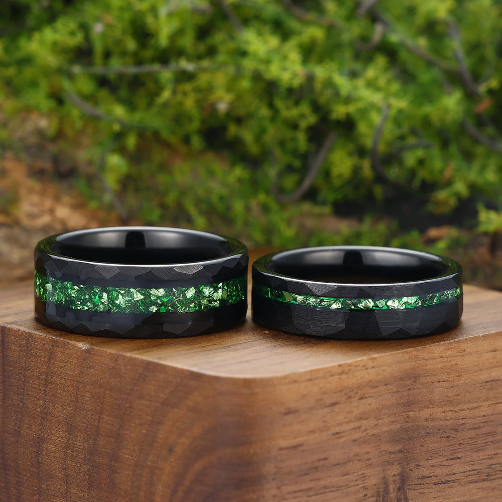 Crushed Green Emerald Tungsten Wedding Band 6mm 8mm Hammered Couple Ring Set
