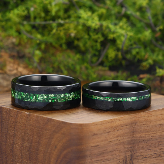 Crushed Green Emerald Tungsten Wedding Band 6mm 8mm Hammered Couple Ring Set