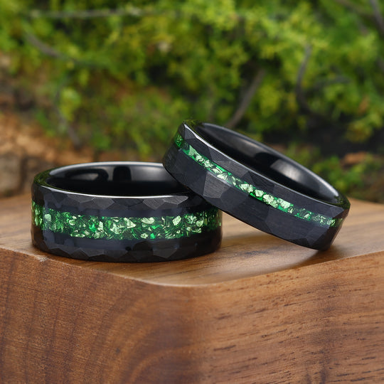 Crushed Green Emerald Tungsten Wedding Band 6mm 8mm Hammered Couple Ring Set