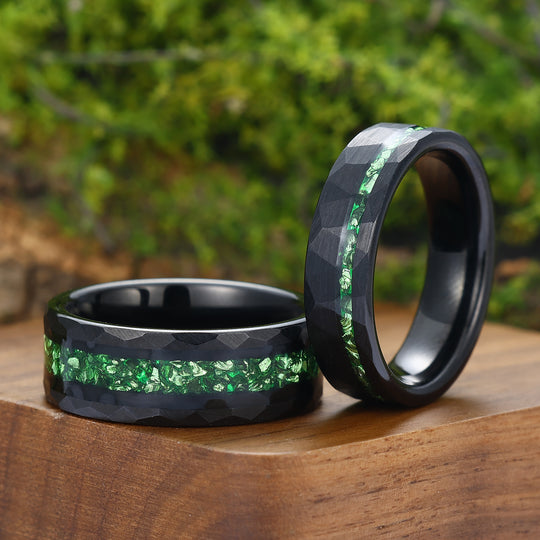 Crushed Green Emerald Tungsten Wedding Band 6mm 8mm Hammered Couple Ring Set