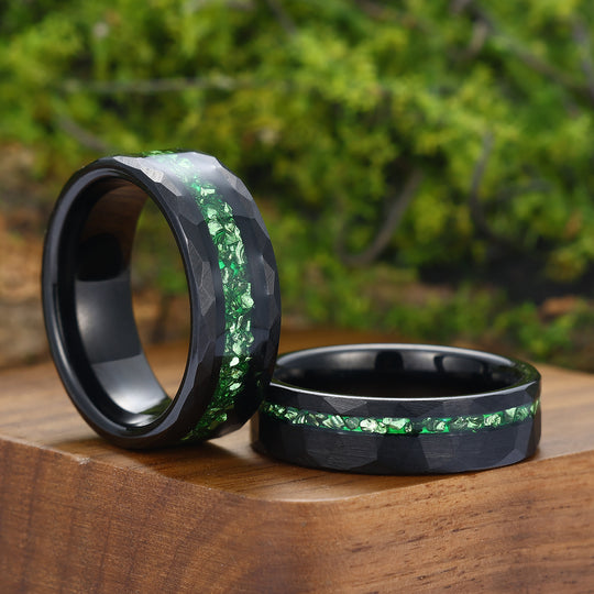 Crushed Green Emerald Tungsten Wedding Band 6mm 8mm Hammered Couple Ring Set