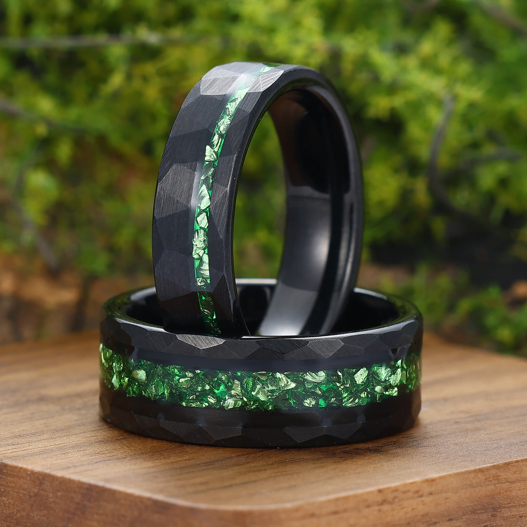 Crushed Green Emerald Tungsten Wedding Band 6mm 8mm Hammered Couple Ring Set