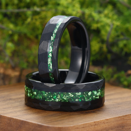 Crushed Green Emerald Tungsten Wedding Band 6mm 8mm Hammered Couple Ring Set