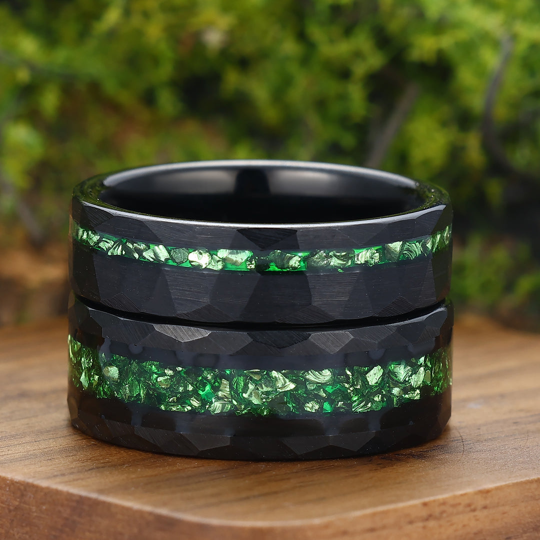 Crushed Green Emerald Tungsten Wedding Band 6mm 8mm Hammered Couple Ring Set