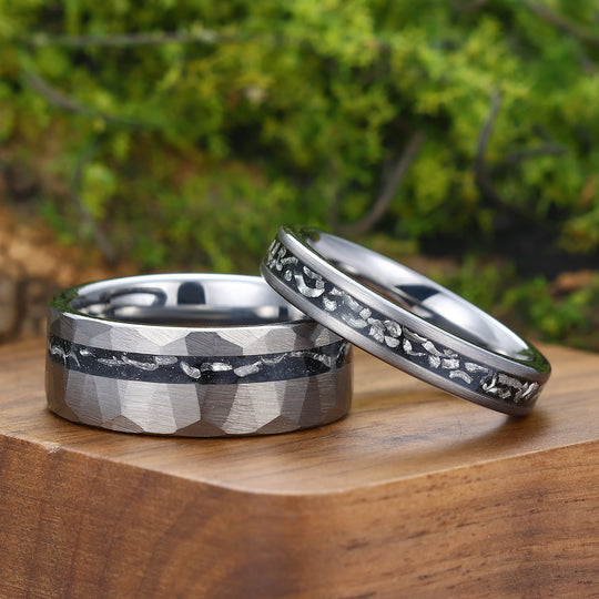 Minimalist Meteorite Tungsten Couple Rings 4mm 8mm Silver Plated Tungsten Rings