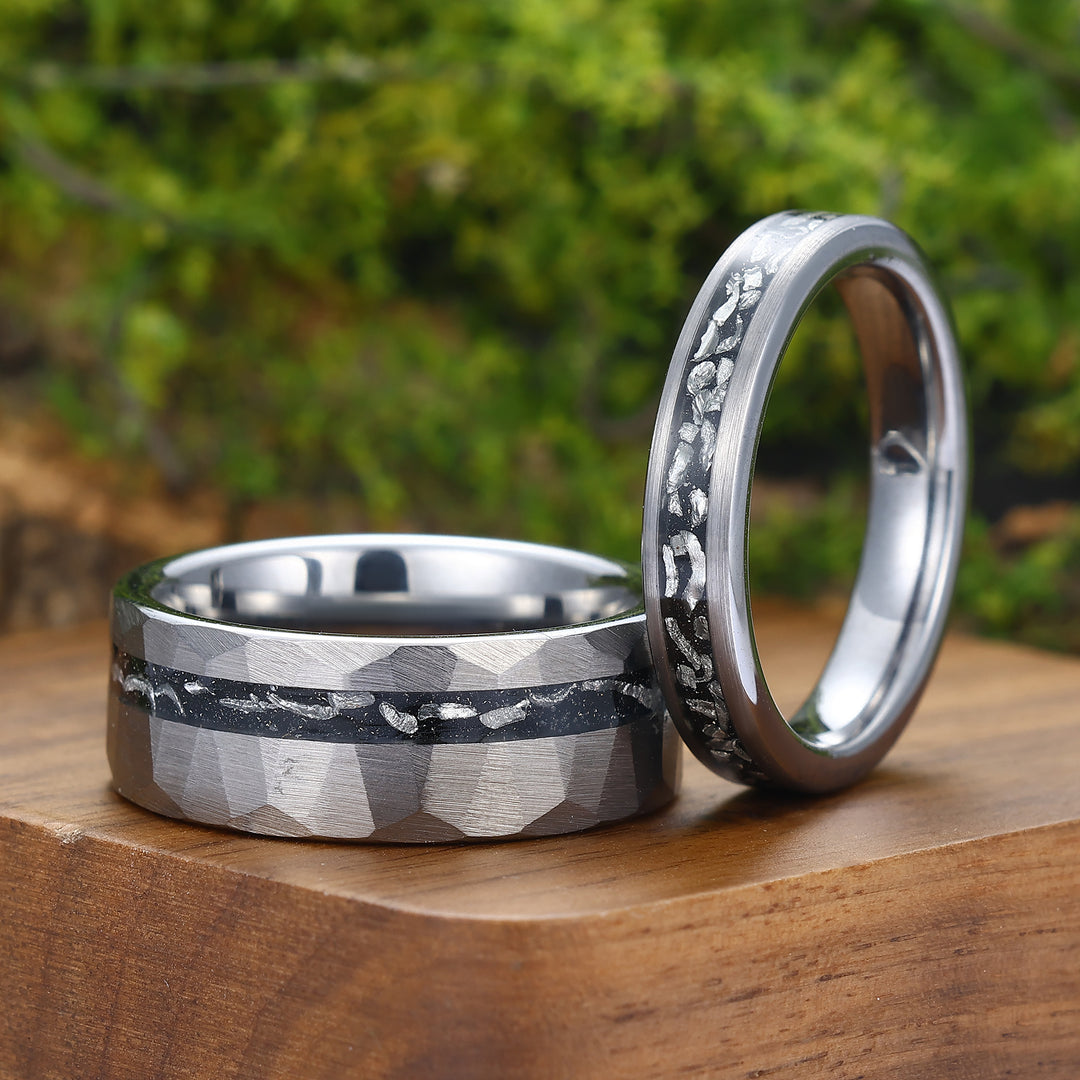 Minimalist Meteorite Tungsten Couple Rings 4mm 8mm Silver Plated Tungsten Rings