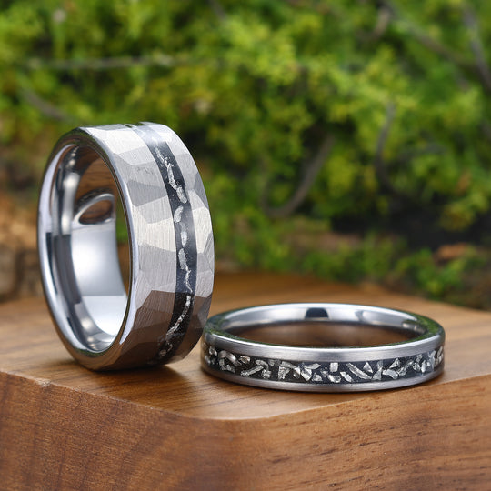Minimalist Meteorite Tungsten Couple Rings 4mm 8mm Silver Plated Tungsten Rings