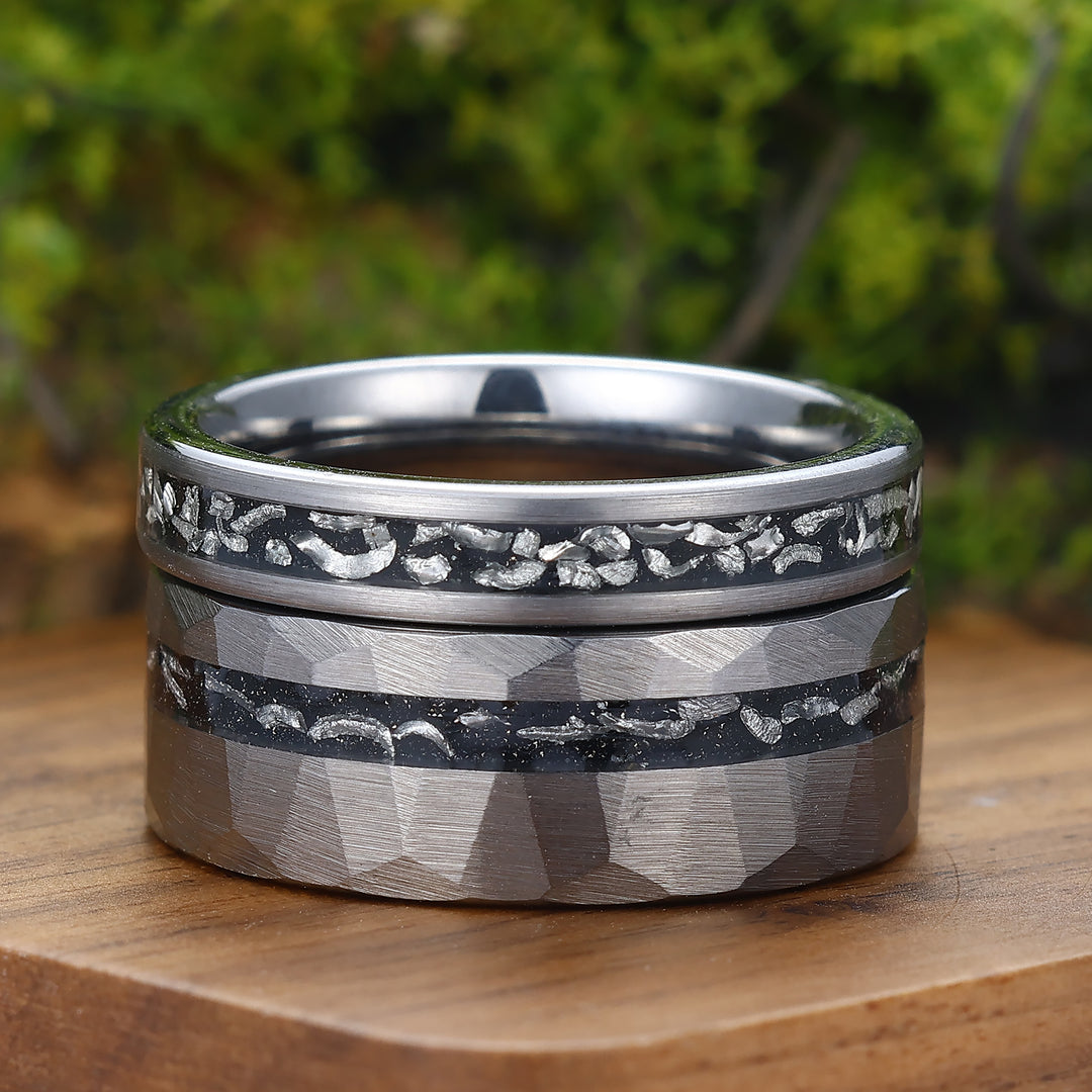 Minimalist Meteorite Tungsten Couple Rings 4mm 8mm Silver Plated Tungsten Rings