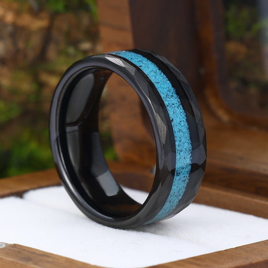 Personalized Turquoise Mens Tungsten Ring 8mm Wide Hammered Men's Band