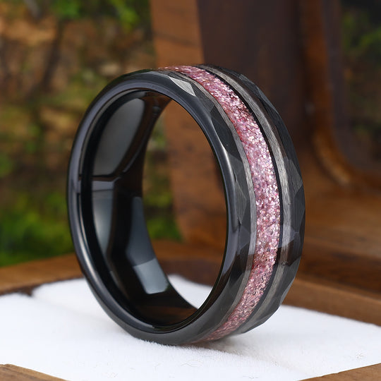 Rose Quartz Mens Wedding Band 8mm Pink Black Handmade Tungsten Ring