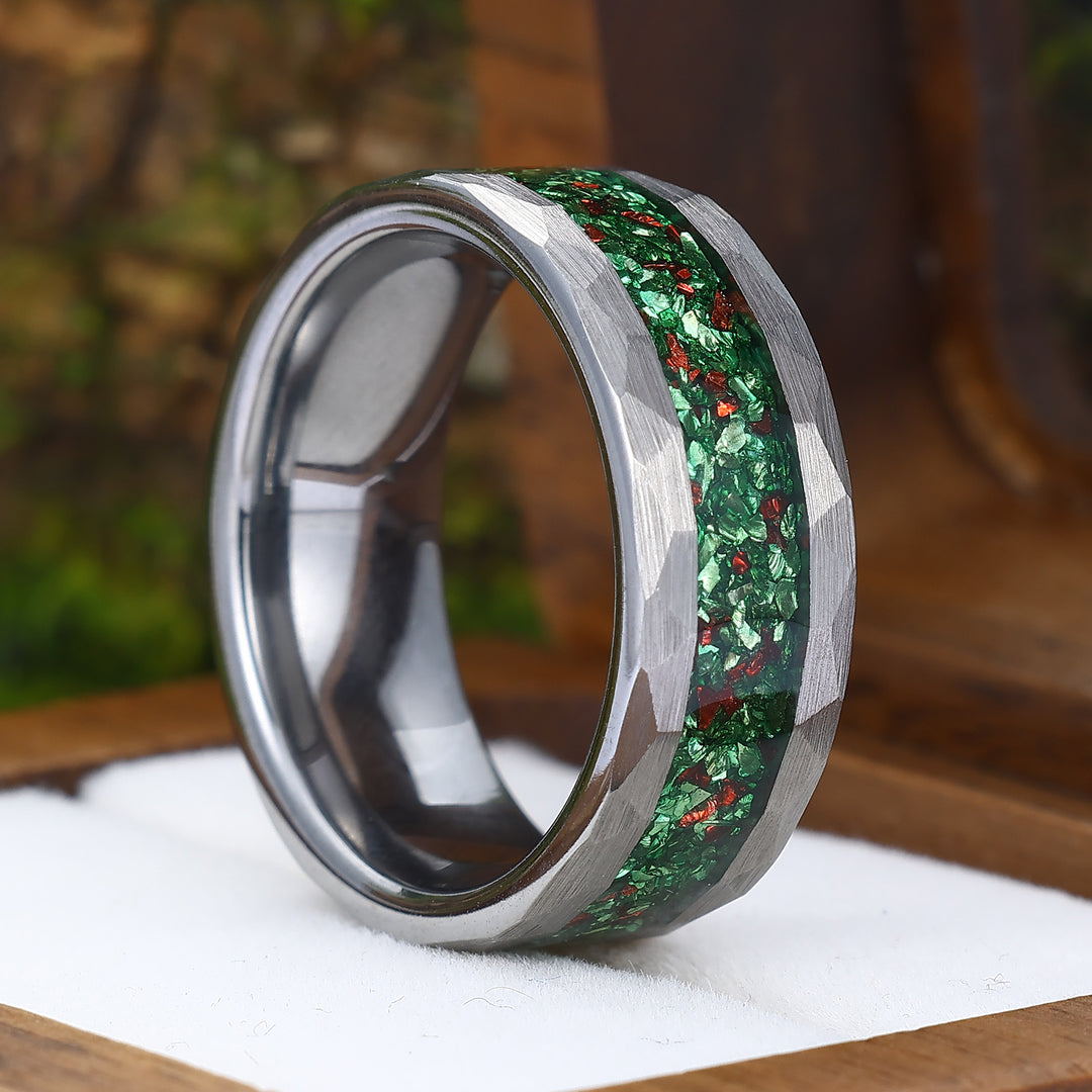 Green Emerald And Ruby Hammered Tungsten Ring 8mm May Birthstone Men's Band