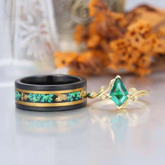 Art Deco Drachen Schliff Smaragd S925 Gelbgold plattierte Versprechensringe für Paare Wolfram Ring Set