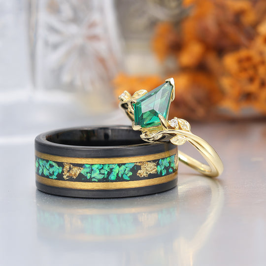 Art Deco Drachen Schliff Smaragd S925 Gelbgold plattierte Versprechensringe für Paare Wolfram Ring Set