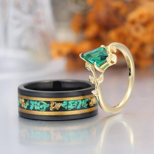 Art Deco Drachen Schliff Smaragd S925 Gelbgold plattierte Versprechensringe für Paare Wolfram Ring Set
