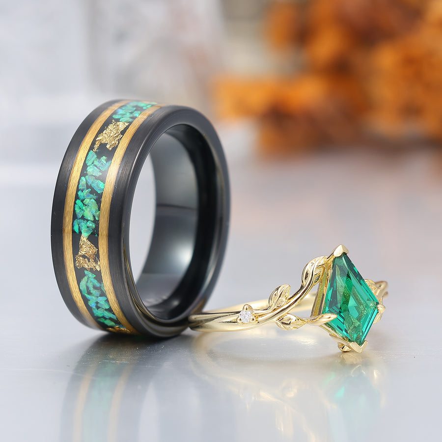 Art Deco kite-geslepen smaragd S925 geelgoud verguld belofte ringen voor koppels wolfraam  ringset