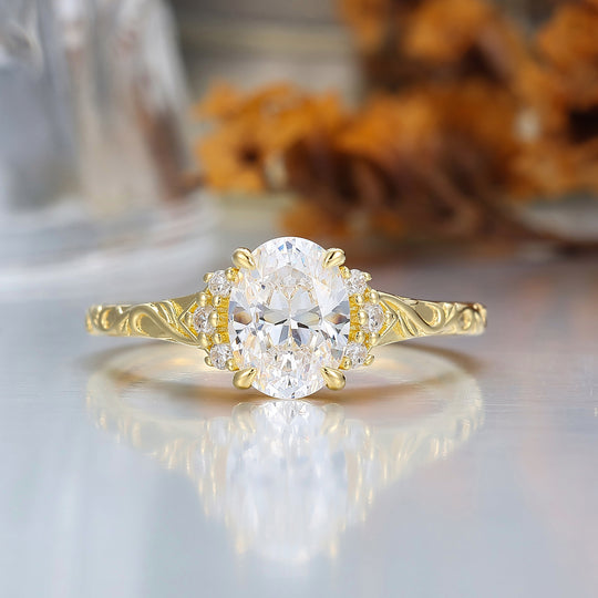 14K Bague de fiançailles romantique en moissanite taille ovale, bague de mariage en or rose avec grappe