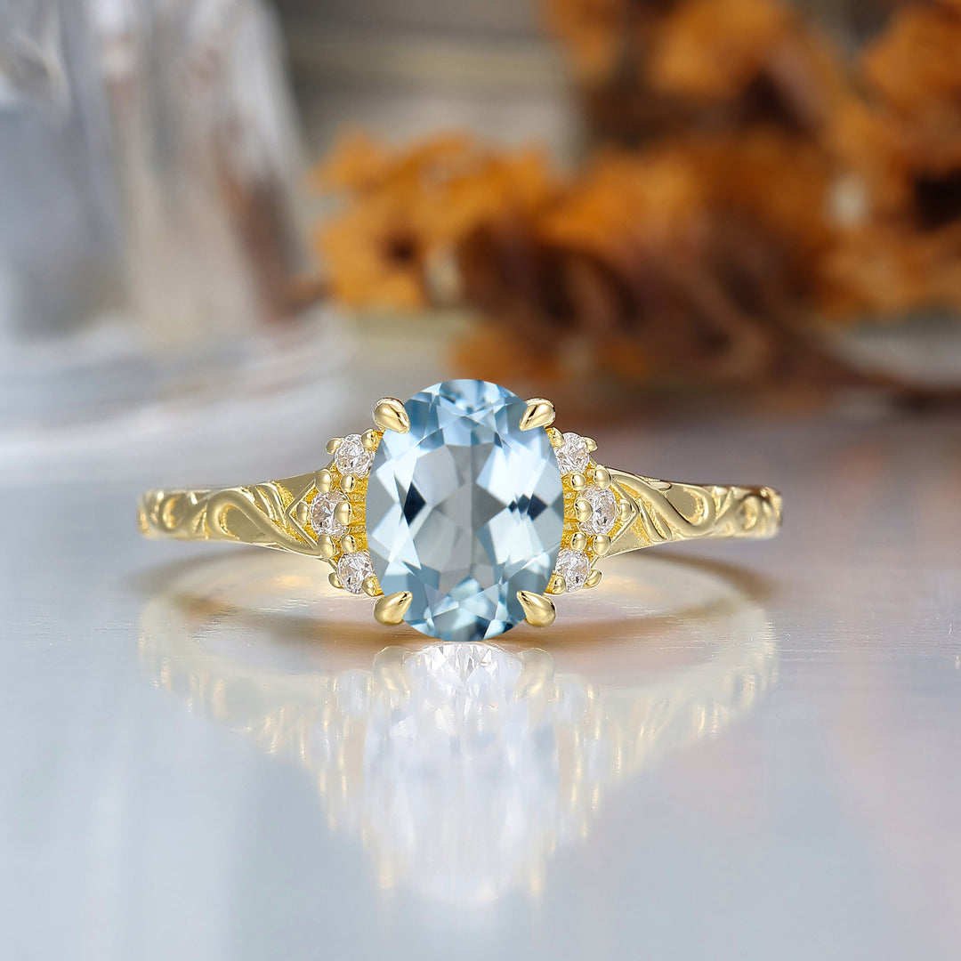 14K romantischer ovaler Aquamarin-Verlobungsring Roségold Cluster Ehering