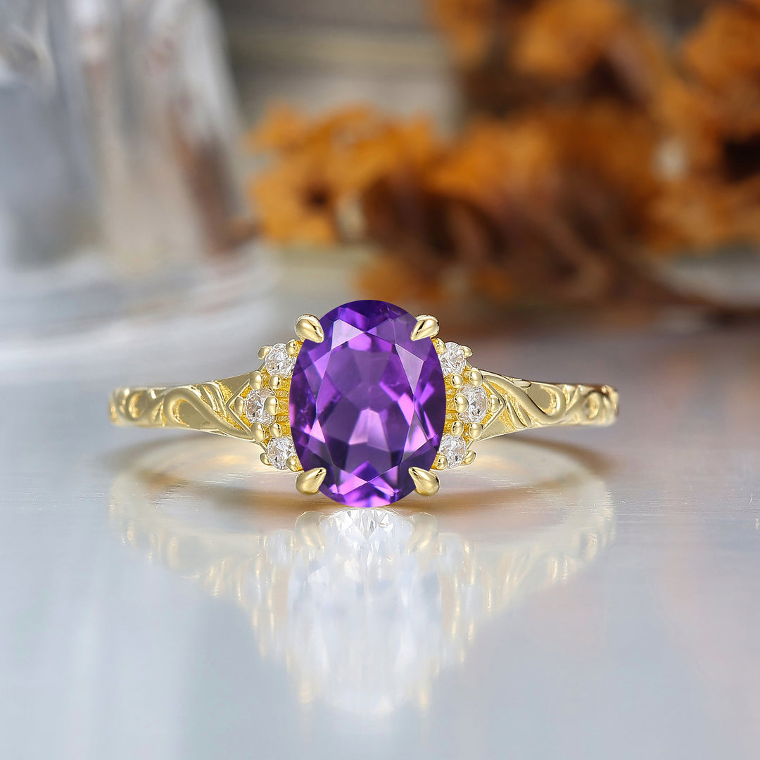 14K Anillo de compromiso romántico con amatista natural ovalada, anillo de boda de oro en racimo