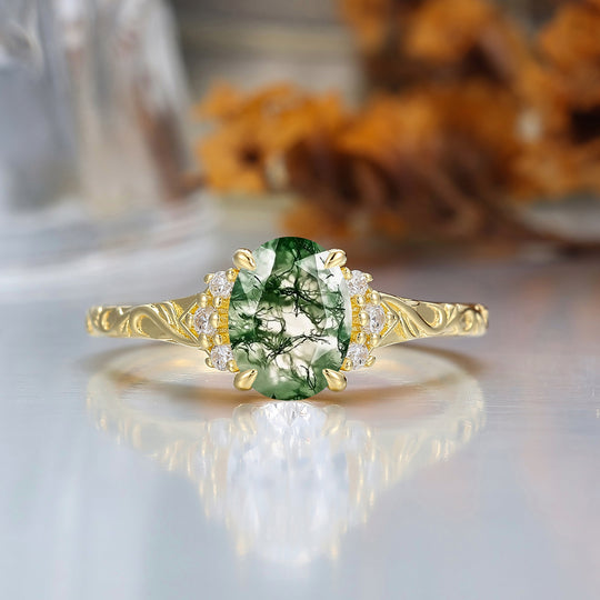 14K Anillo de compromiso romántico con corte ovalado de ágata musgosa natural, anillo de boda en racimo de oro rosa