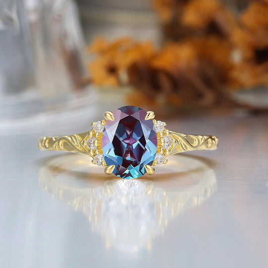 14K Romantic Oval Cut Alexandrite Engagement Ring Rose Gold Cluster Wedding Ring