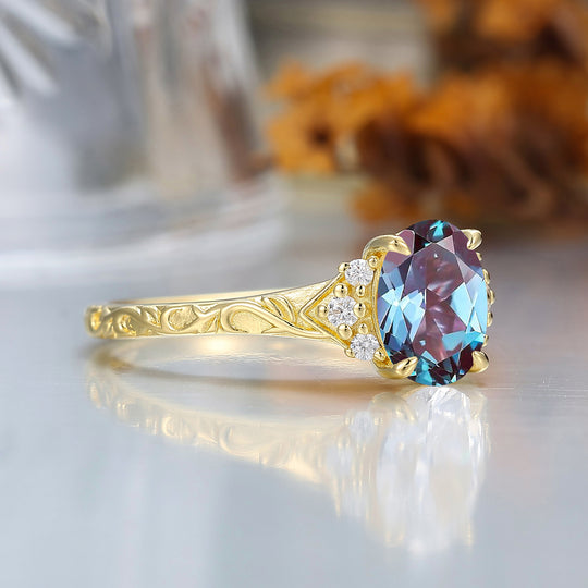 14K Romantic Oval Cut Alexandrite Engagement Ring Rose Gold Cluster Wedding Ring