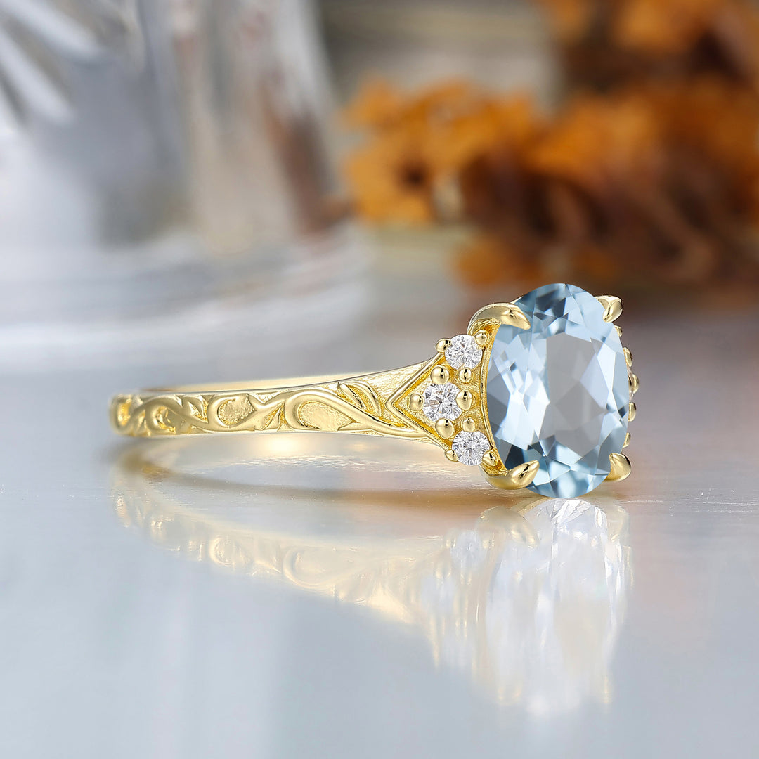 14K romantischer ovaler Aquamarin-Verlobungsring Roségold Cluster Ehering