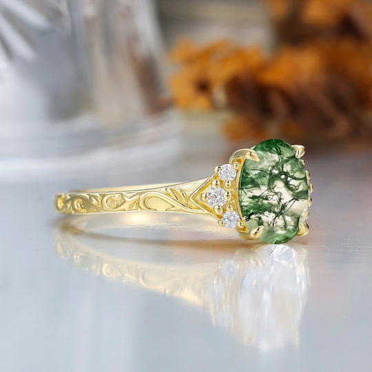 14K Anillo de compromiso romántico con corte ovalado de ágata musgosa natural, anillo de boda en racimo de oro rosa