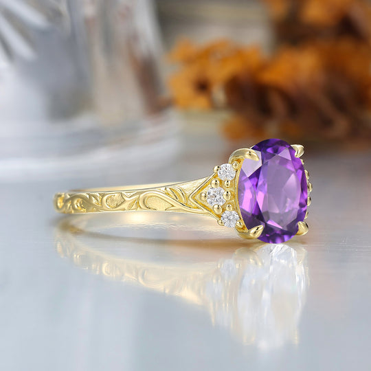 14K Anillo de compromiso romántico con amatista natural ovalada, anillo de boda de oro en racimo