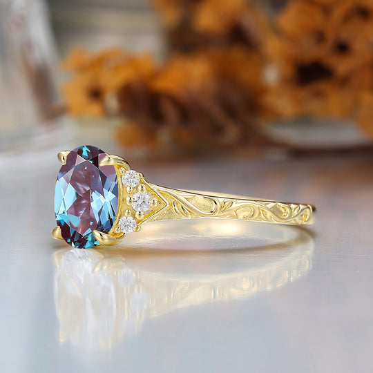 14K Romantic Oval Cut Alexandrite Engagement Ring Rose Gold Cluster Wedding Ring