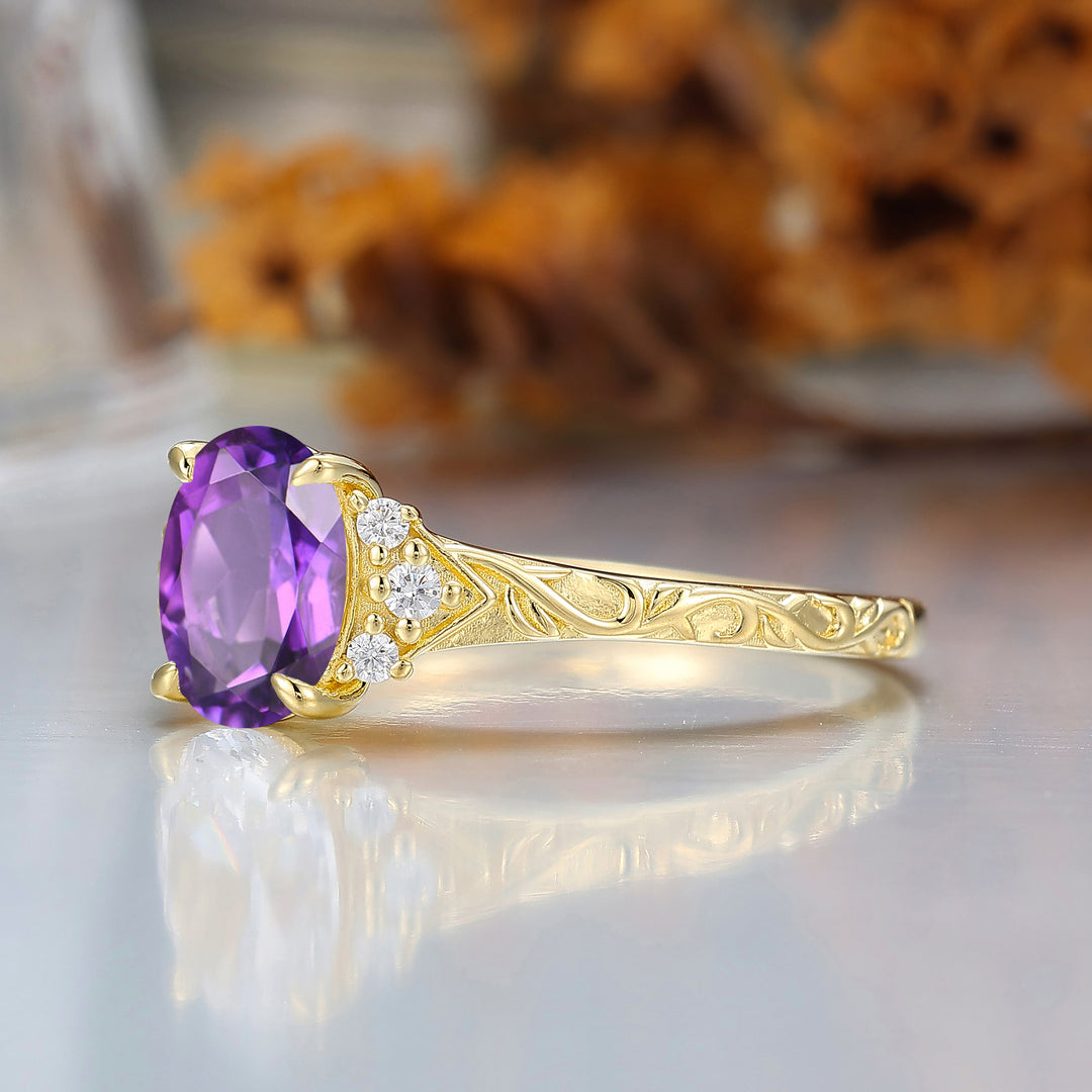 14K Anillo de compromiso romántico con amatista natural ovalada, anillo de boda de oro en racimo