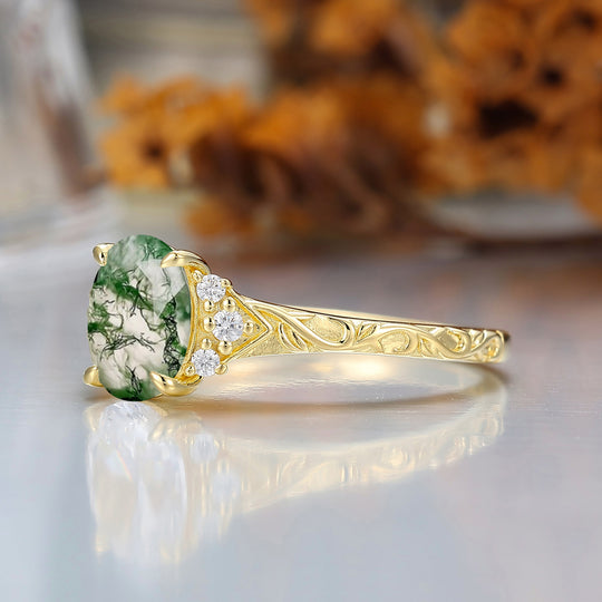 14K Anillo de compromiso romántico con corte ovalado de ágata musgosa natural, anillo de boda en racimo de oro rosa
