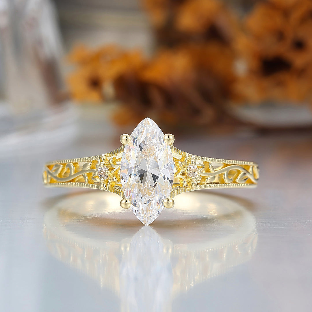 Openwork Filigrane Bague Marquise Taille Moissanite Motif Vigne Florale Bague de Mariage Moissanite Or Jaune