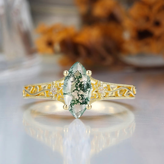 Openwork Blumen Marquise Schliff Grüner Moosachat Verlobungsring Vintage Filigranring für Damen